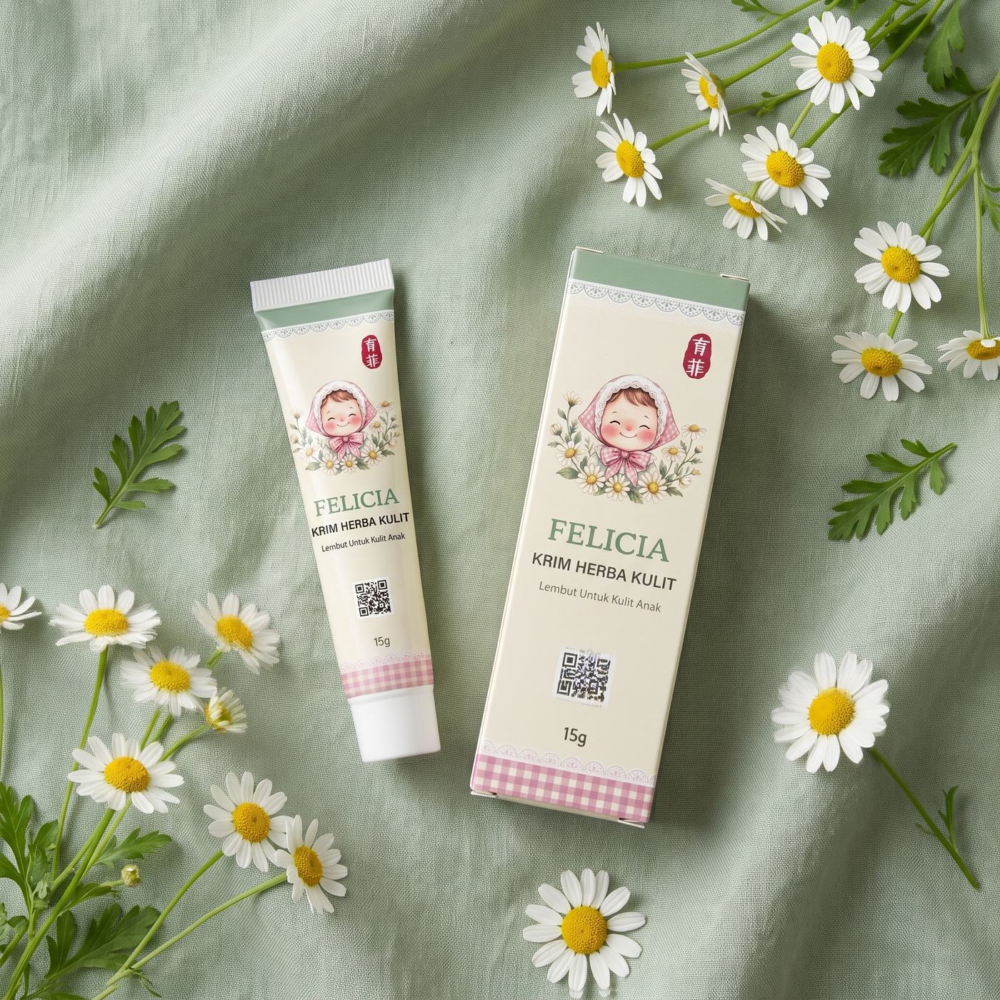 FELICIA tube and box flat lay on sage green linen with chamomile