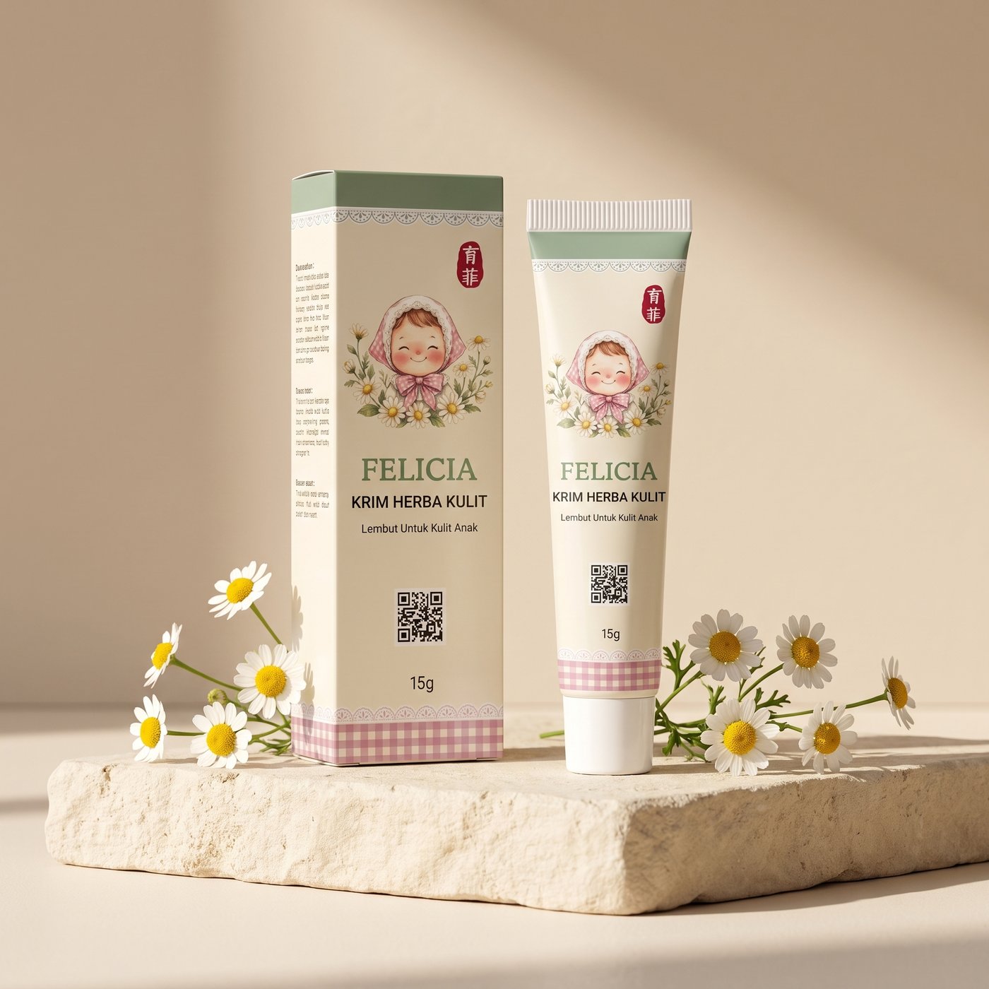 FELICIA tube and box on a beige podium with chamomile flowers