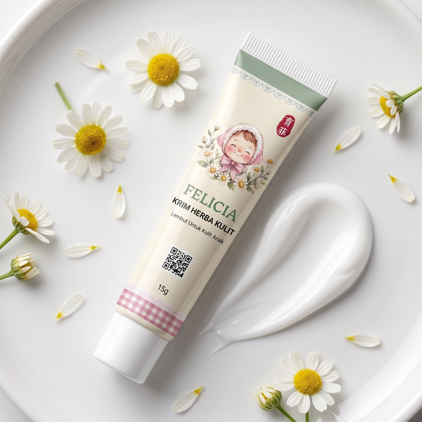 FELICIA cream texture swatch beside the tube with chamomile petals
